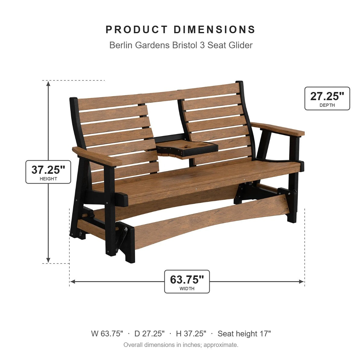 Berlin Gardens Bristol 3 Seat Glider dimensions: 63.75 in W x 27.25 in D x 37.25 in H