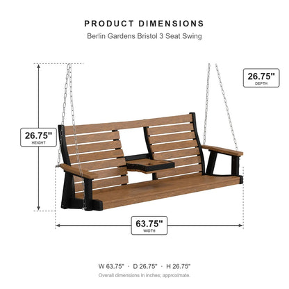 Berlin Gardens Bristol 3 Seat Swing dimensions: 63.75 in W x 26.75 in D x 26.75 in H
