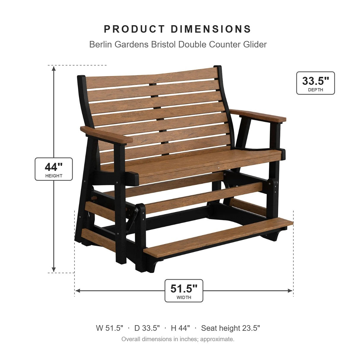 Berlin Gardens Bristol Double Counter Glider dimensions: 51.5 in W x 33.5 in D x 44 in H