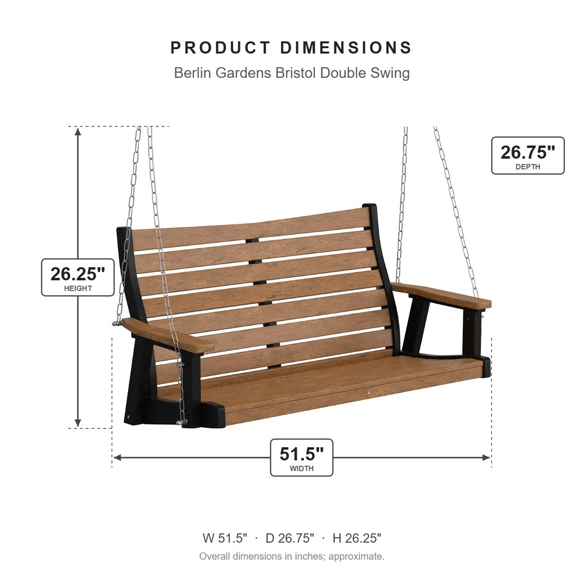 Berlin Gardens Bristol Double Swing dimensions: 51.5 in W x 26.75 in D x 26.25 in H