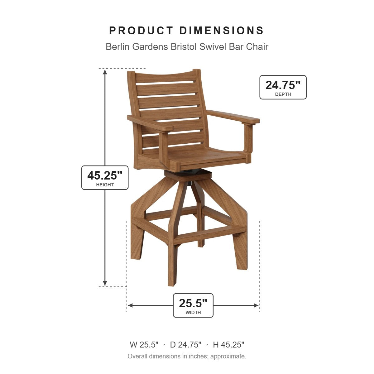 Berlin Gardens Bristol Swivel Bar Chair dimensions: 25.5 in W x 24.75 in D x 45.25 in H