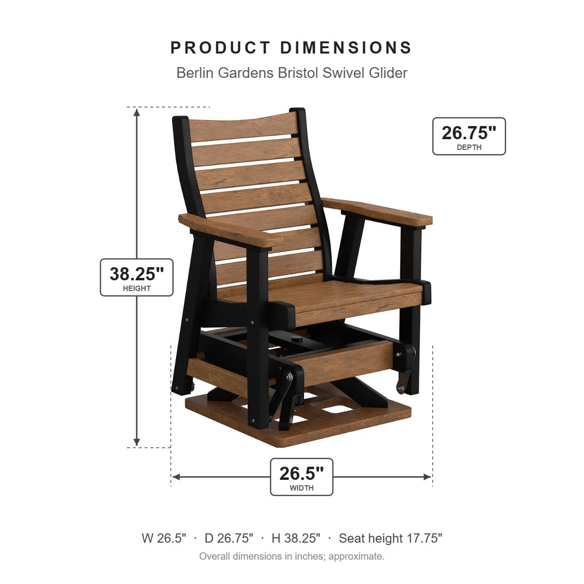 Berlin Gardens Bristol Swivel Glider dimensions: 26.5 in W x 26.75 in D x 38.25 in H