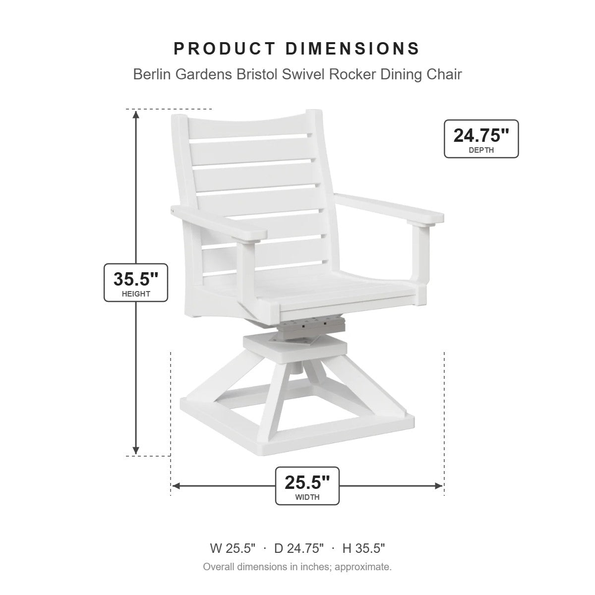 Berlin Gardens Bristol Swivel Rocker Dining Chair dimensions: 25.5 in W x 24.75 in D x 35.5 in H