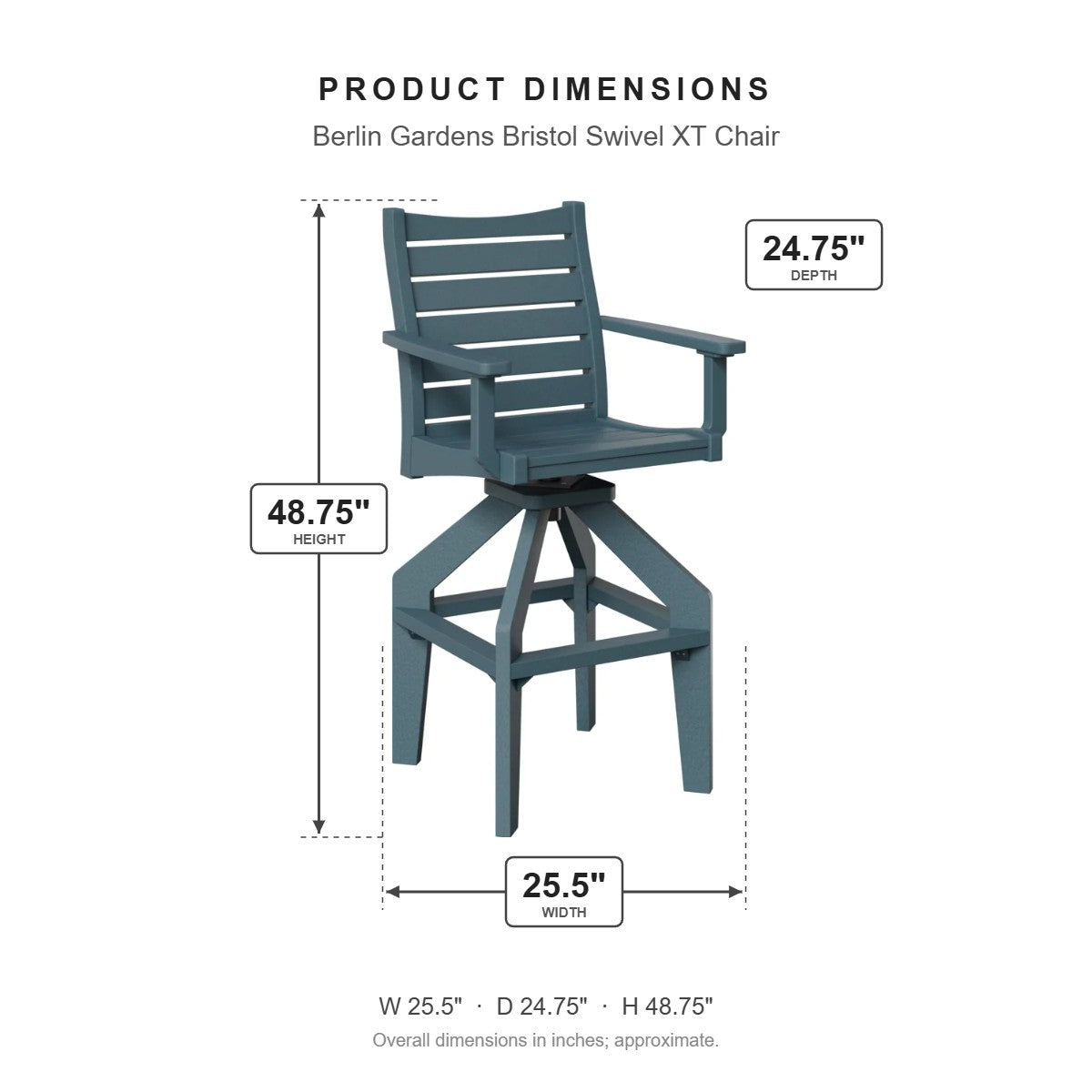 Berlin Gardens Bristol Swivel XT Chair dimensions: 25.5 in W x 24.75 in D x 48.75 in H