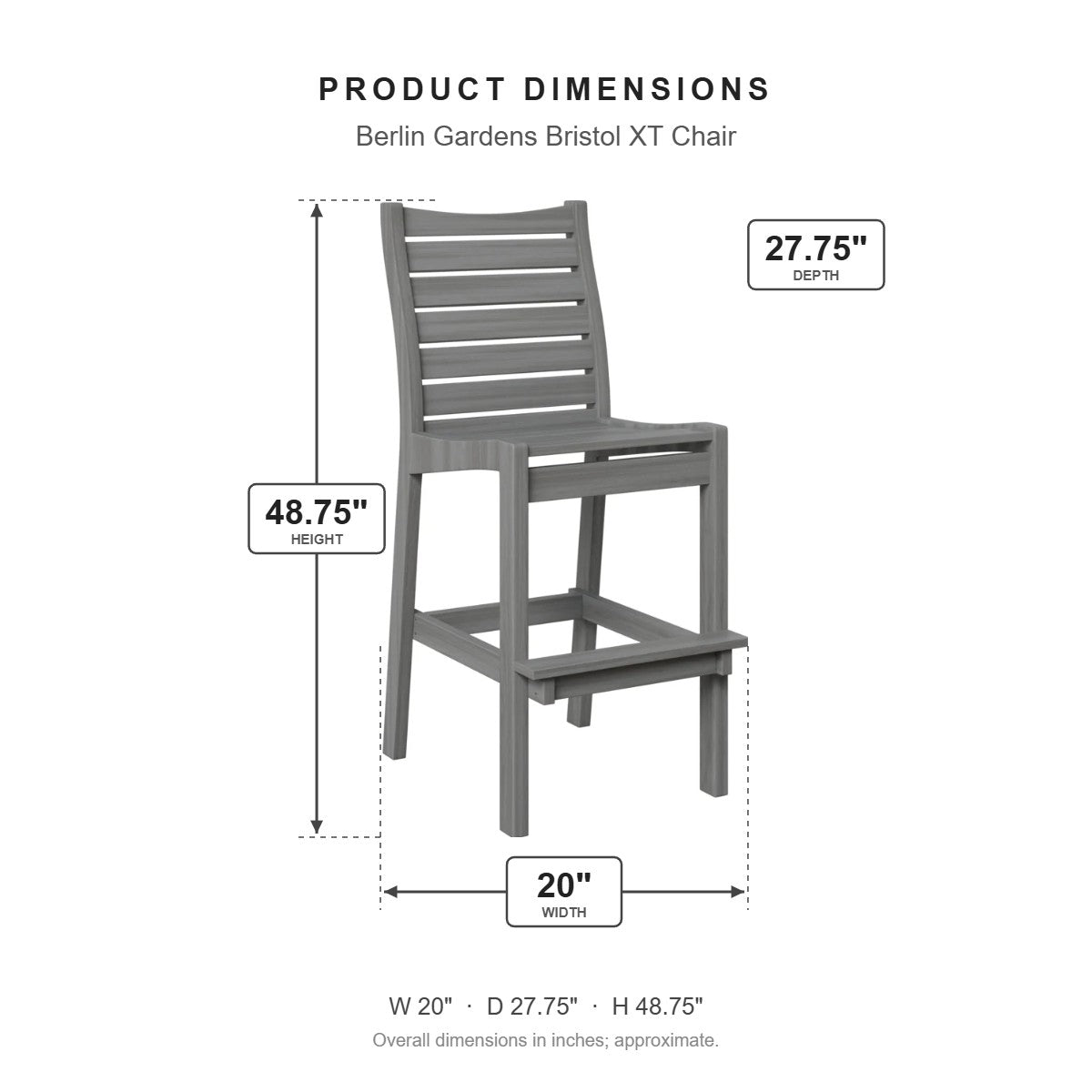 Berlin Gardens Bristol XT Chair dimensions: 19.875 in W x 27.75 in D x 48.75 in H