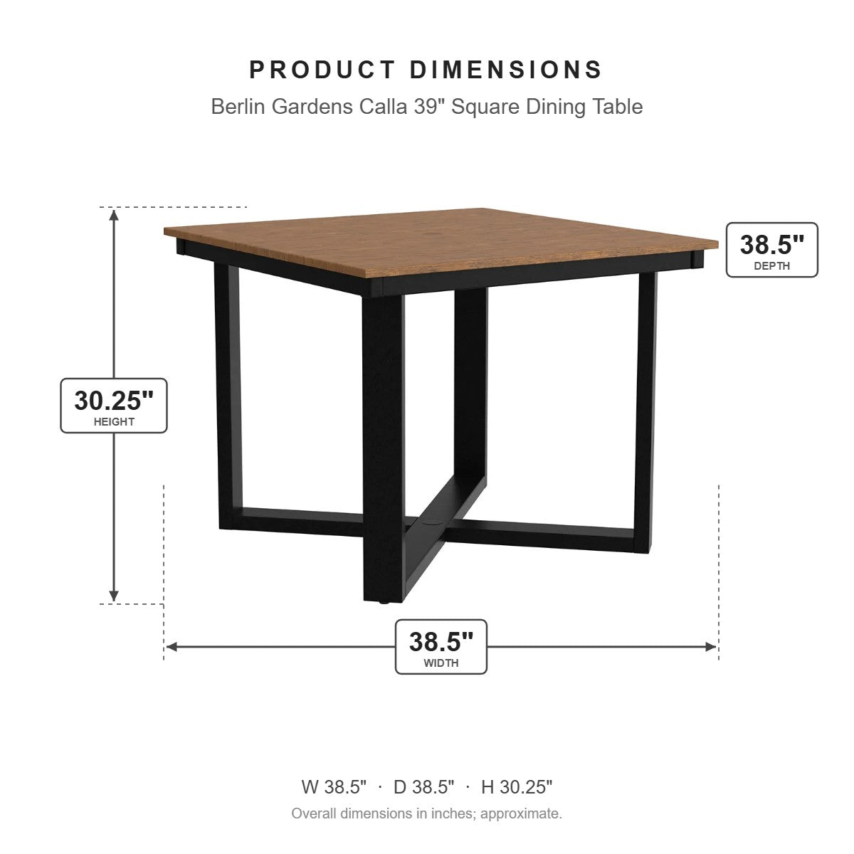 Berlin Gardens Calla 39" Square Dining Table dimensions: 38.5 in W x 38.5 in D x 30.25 in H