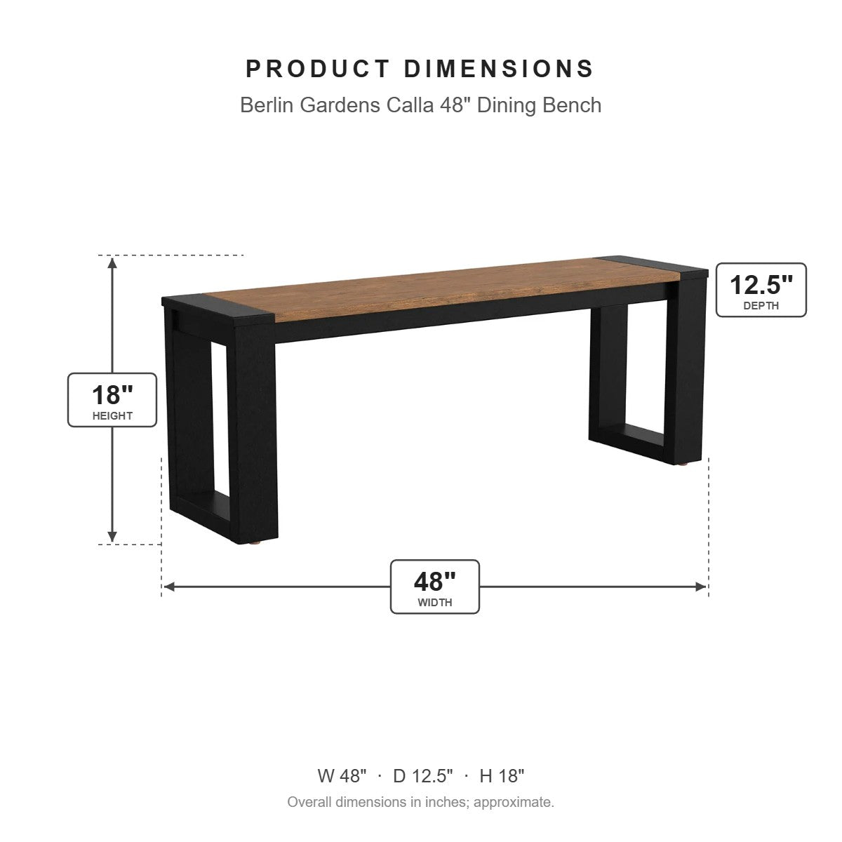 Berlin Gardens Calla 48" Dining Bench dimensions: 48 in W x 12.5 in D x 18 in H
