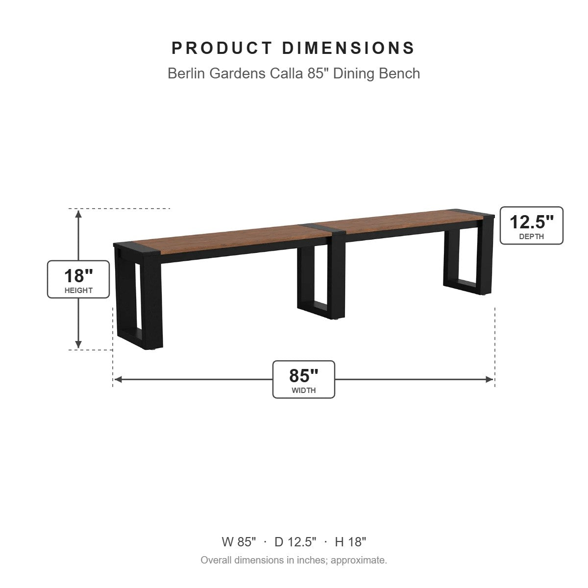 Berlin Gardens Calla 85" Dining Bench dimensions: 85 in W x 12.5 in D x 18 in H