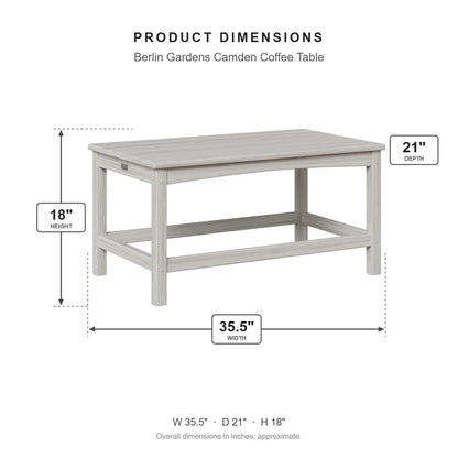 Berlin Gardens Camden Coffee Table dimensions: 35.5 in W x 21 in D x 18 in H