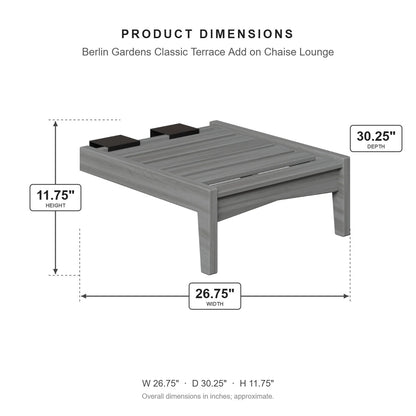 Berlin Gardens Classic Terrace Add on Chaise Lounge dimensions: 26.75 in W x 30.25 in D x 11.75 in H