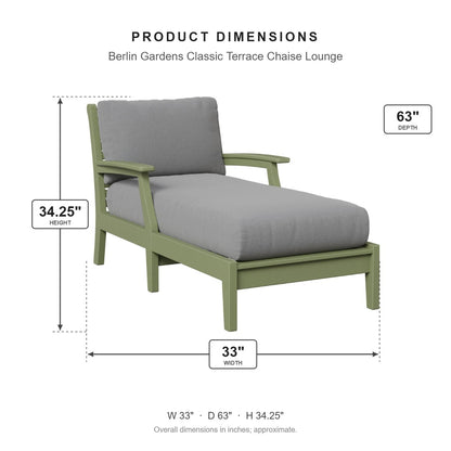 Berlin Gardens Classic Terrace Chaise Lounge dimensions: 33 in W x 63 in D x 34.25 in H