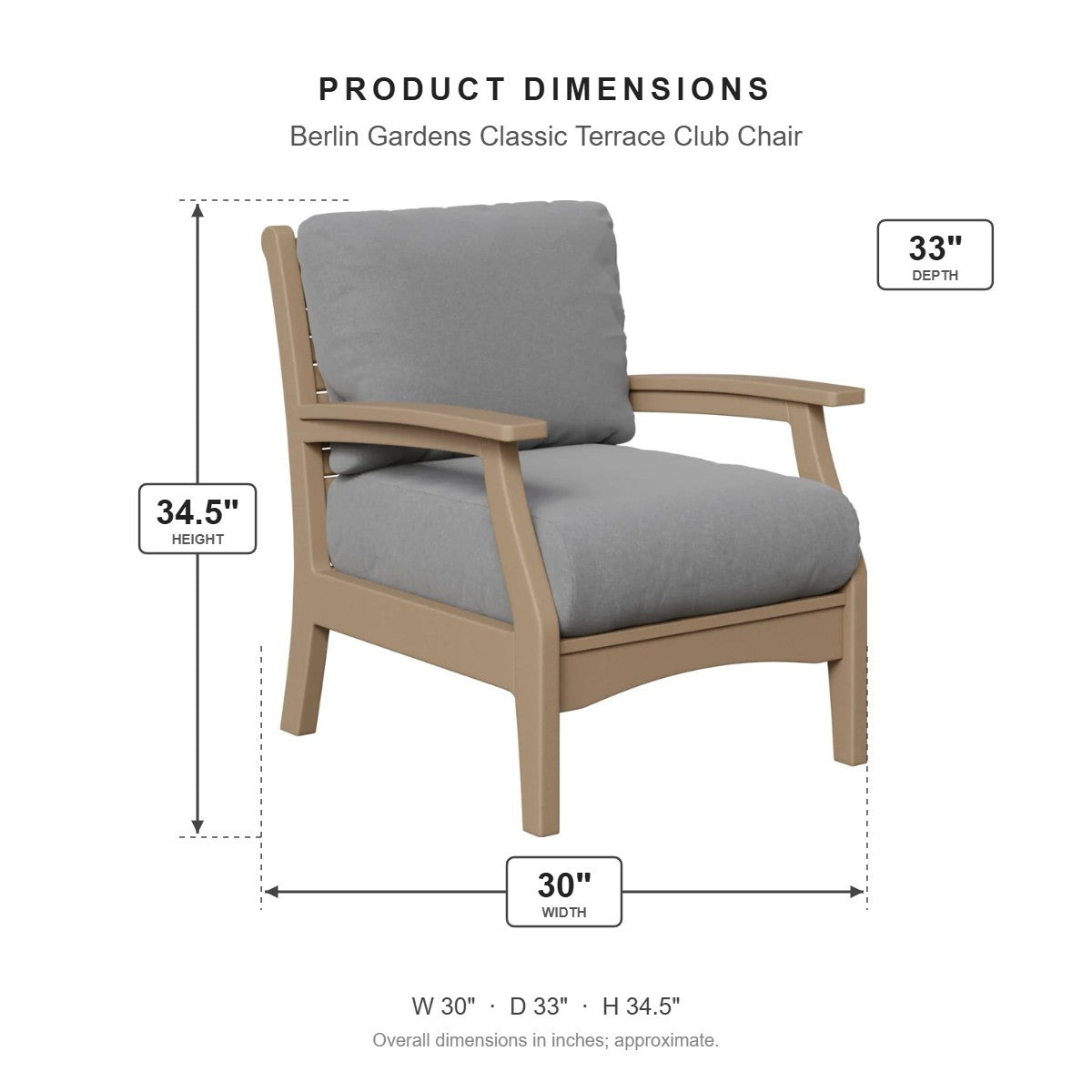 Berlin Gardens Classic Terrace Club Chair dimensions: 30 in W x 33 in D x 34.5 in H