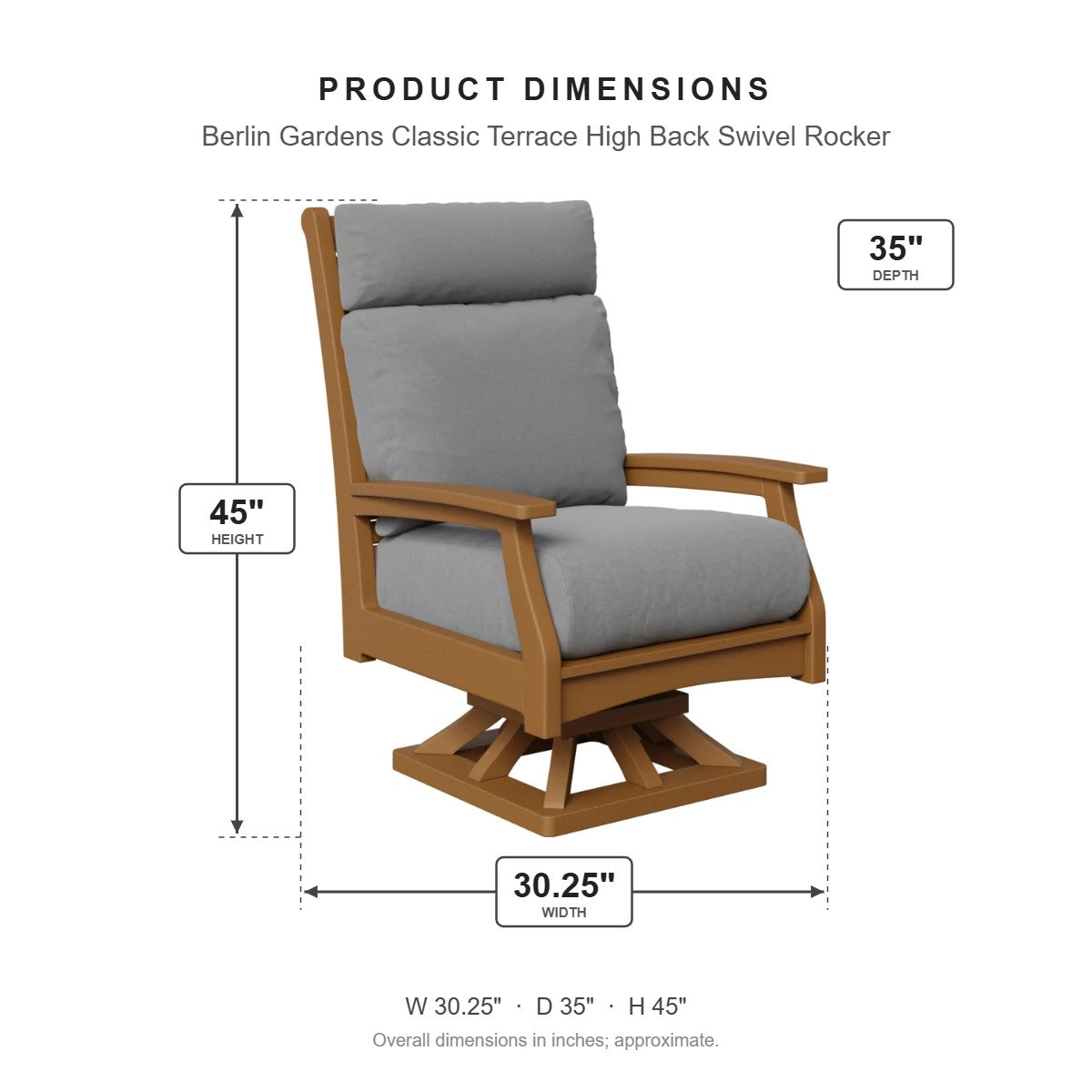 Berlin Gardens Classic Terrace High Back Swivel Rocker dimensions: 30.25 in W x 35 in D x 45 in H