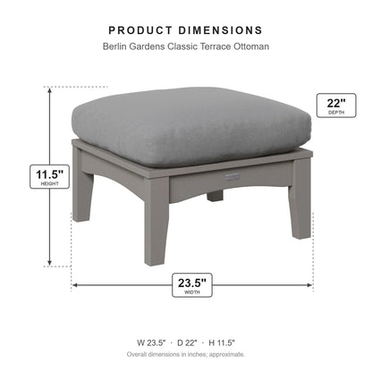 Berlin Gardens Classic Terrace Ottoman dimensions: 23.5 in W x 22 in D x 11.5 in H