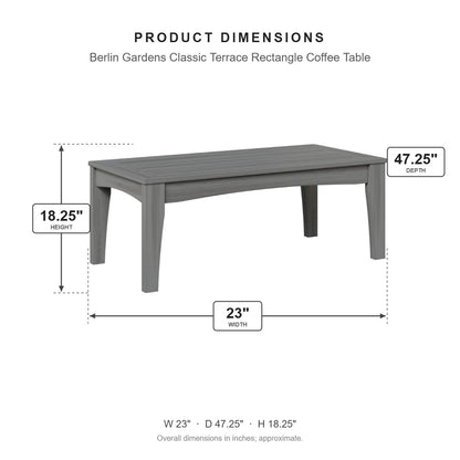 Berlin Gardens Classic Terrace Rectangle Coffee Table dimensions: 23 in W x 47.25 in D x 18.25 in H