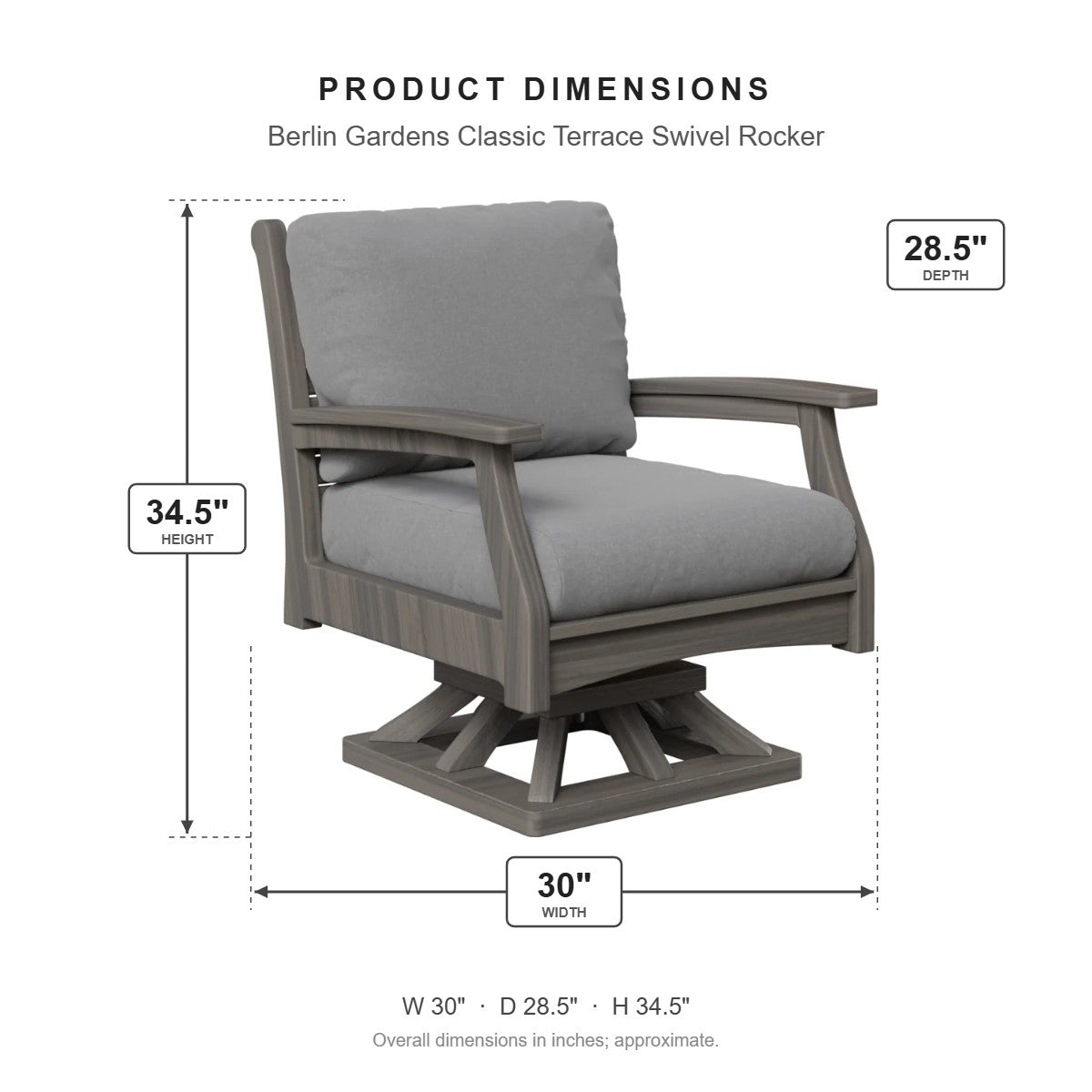 Berlin Gardens Classic Terrace Swivel Rocker dimensions: 30 in W x 28.5 in D x 34.5 in H