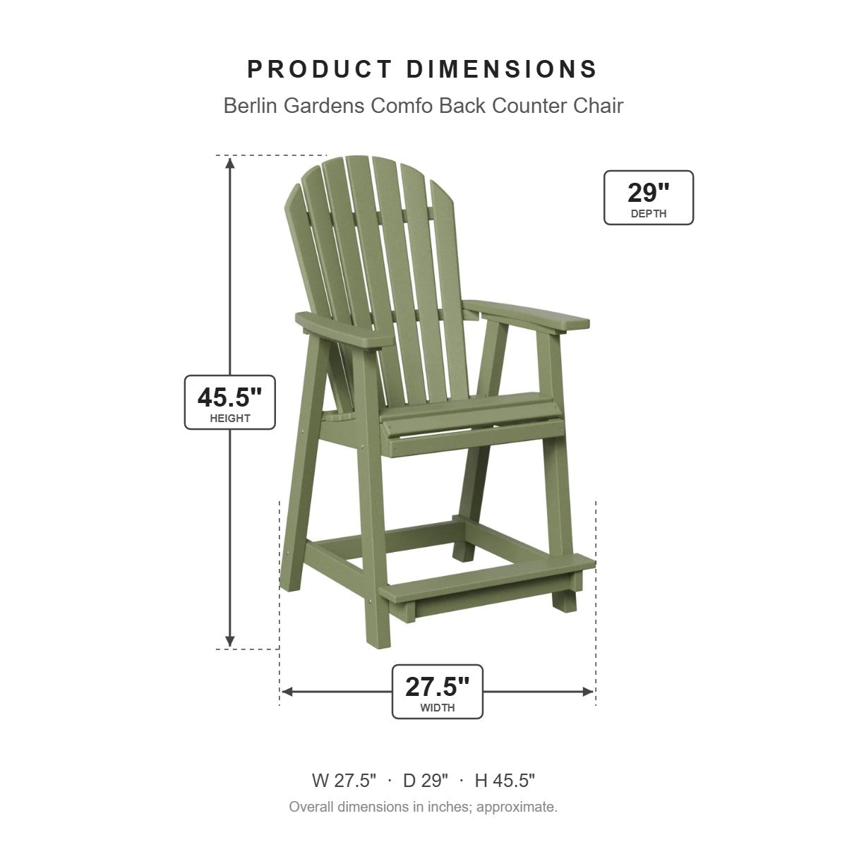 Berlin Gardens Comfo Back Counter Chair dimensions: 27.5 in W x 29 in D x 45.5 in H