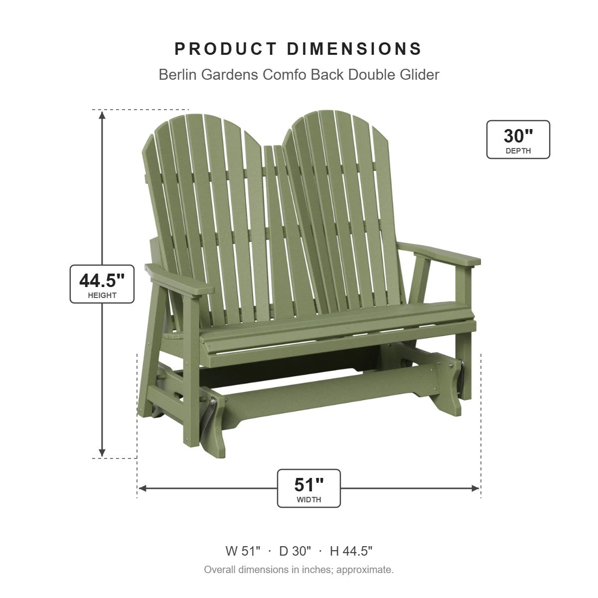 Berlin Gardens Comfo Back Double Glider dimensions: 51 in W x 30 in D x 44.5 in H