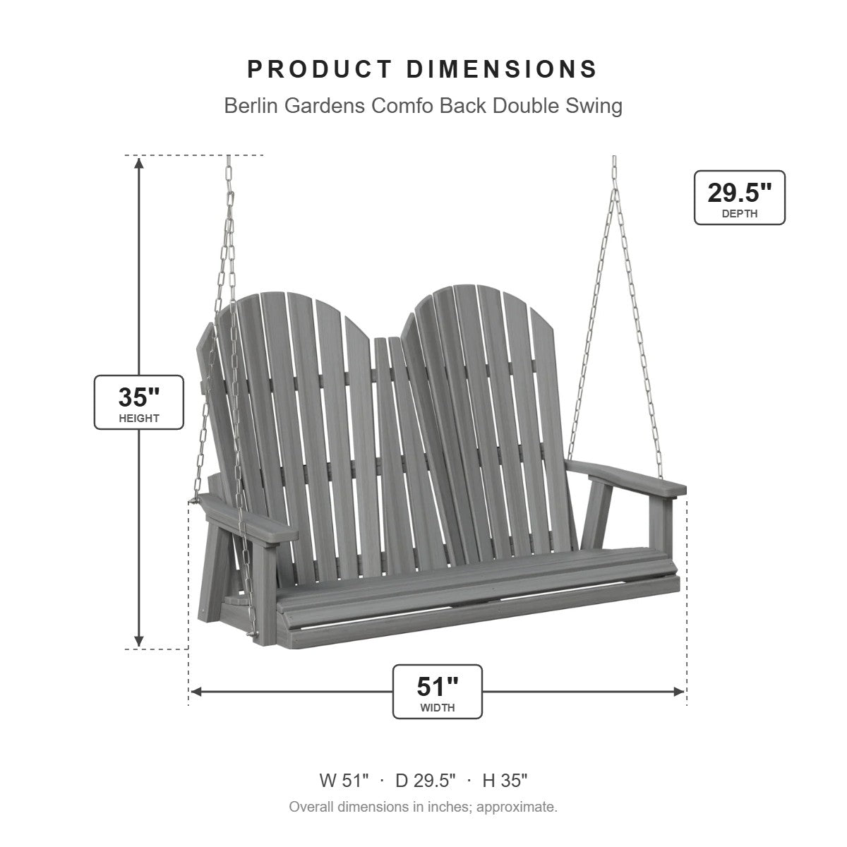 Berlin Gardens Comfo Back Double Swing dimensions: 51 in W x 29.5 in D x 35 in H