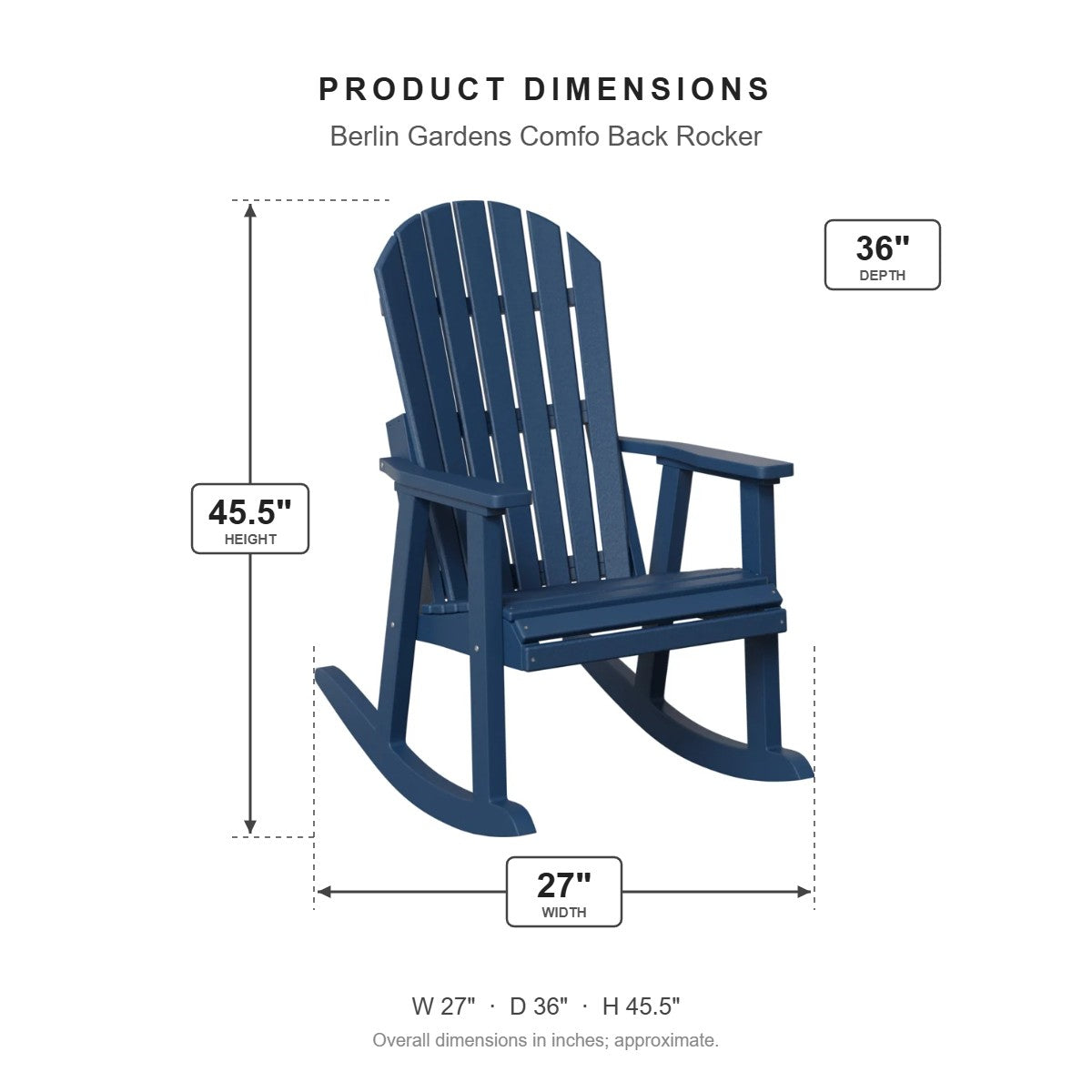 Berlin Gardens Comfo Back Rocker dimensions: 27 in W x 36 in D x 45.5 in H