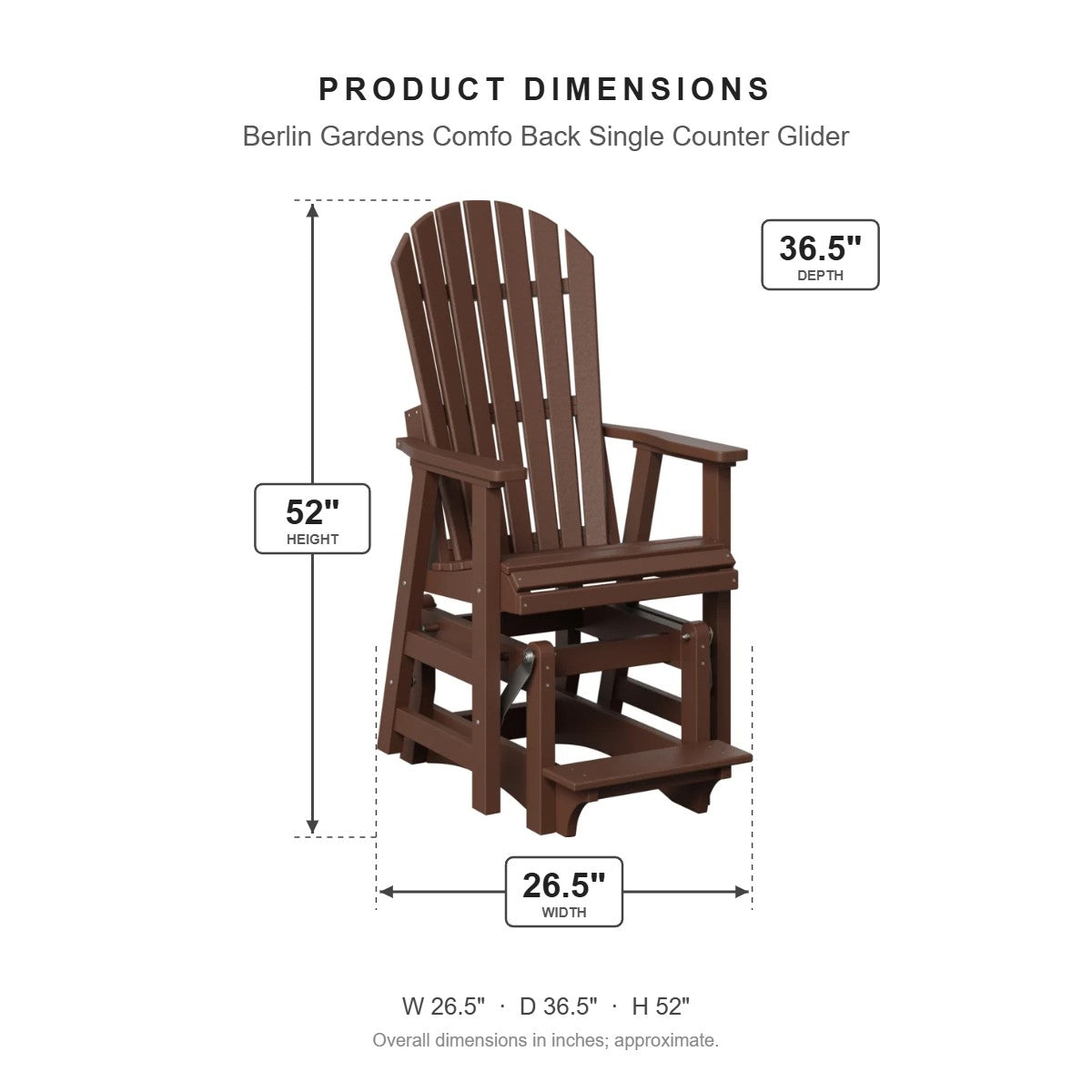 Berlin Gardens Comfo Back Single Counter Glider dimensions: 26.5 in W x 36.5 in D x 52 in H