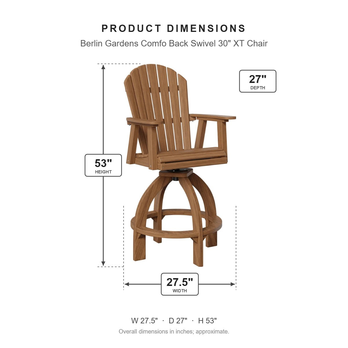 Berlin Gardens Comfo Back Swivel 30" XT Chair dimensions: 27.5 in W x 27 in D x 53 in H