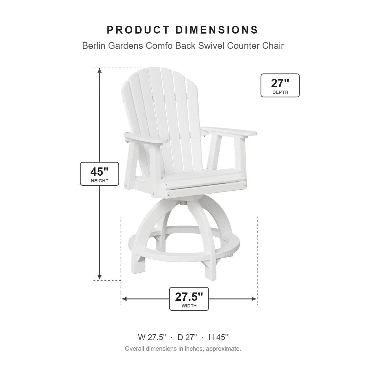 Berlin Gardens Comfo Back Swivel Counter Chair dimensions: 27.5 in W x 27 in D x 45 in H