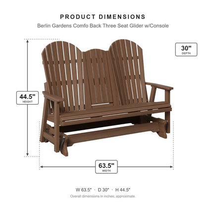 Berlin Gardens Comfo Back Three Seat Glider w/Console dimensions: 63.5 in W x 30 in D x 44.5 in H