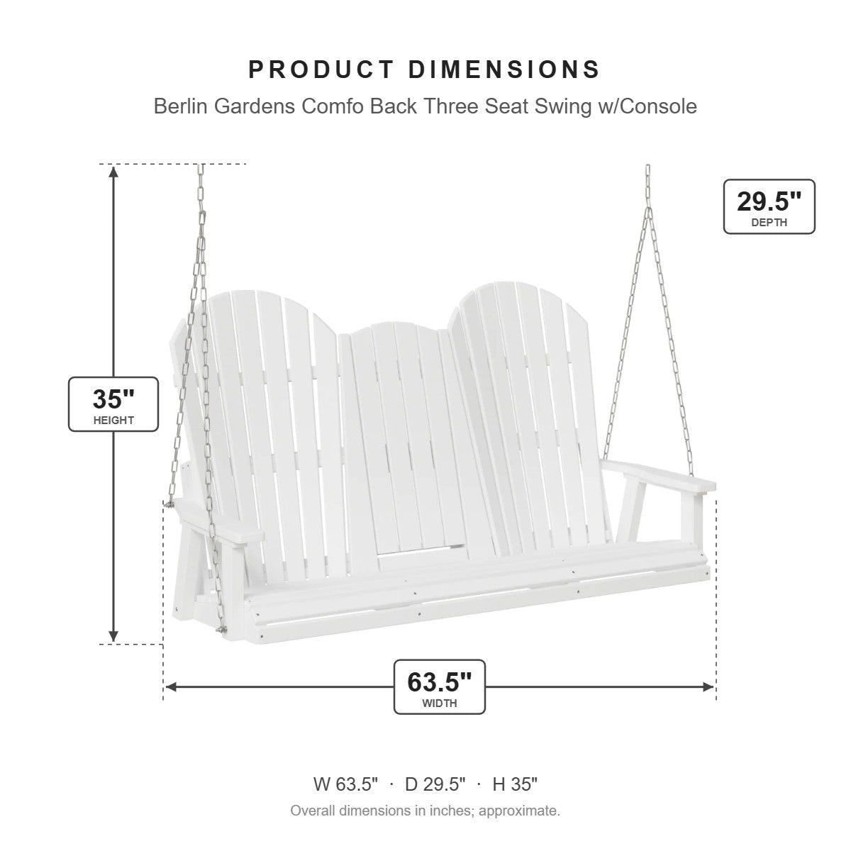 Berlin Gardens Comfo Back Three Seat Swing w/Console dimensions: 63.5 in W x 29.5 in D x 35 in H