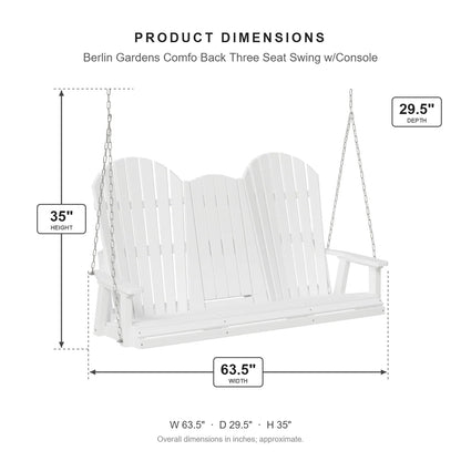 Berlin Gardens Comfo Back Three Seat Swing w/Console dimensions: 63.5 in W x 29.5 in D x 35 in H