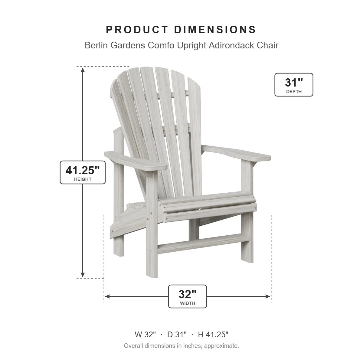 Berlin Gardens Comfo Upright Adirondack Chair dimensions: 32 in W x 31 in D x 41.25 in H