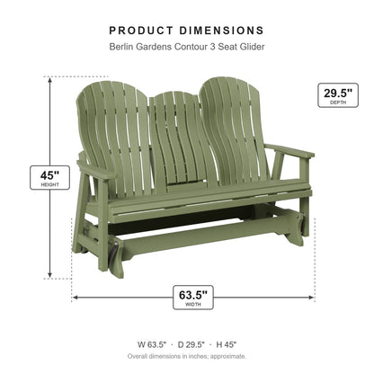 Berlin Gardens Contour 3 Seat Glider dimensions: 63.5 in W x 29.5 in D x 45 in H