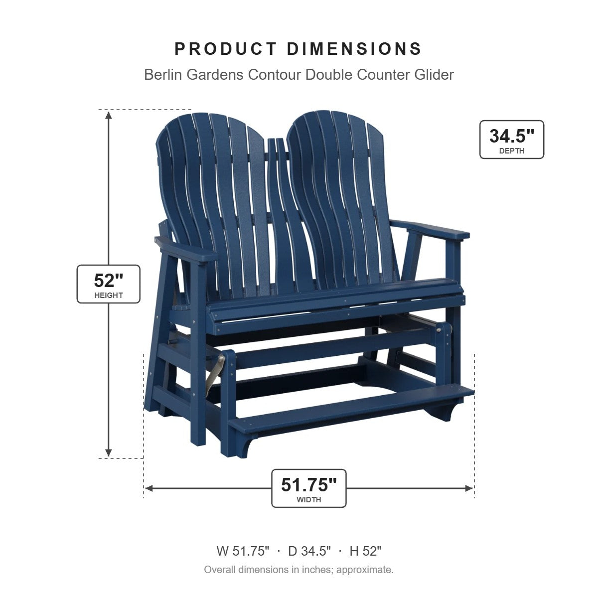 Berlin Gardens Contour Double Counter Glider dimensions: 51.75 in W x 34.5 in D x 52 in H