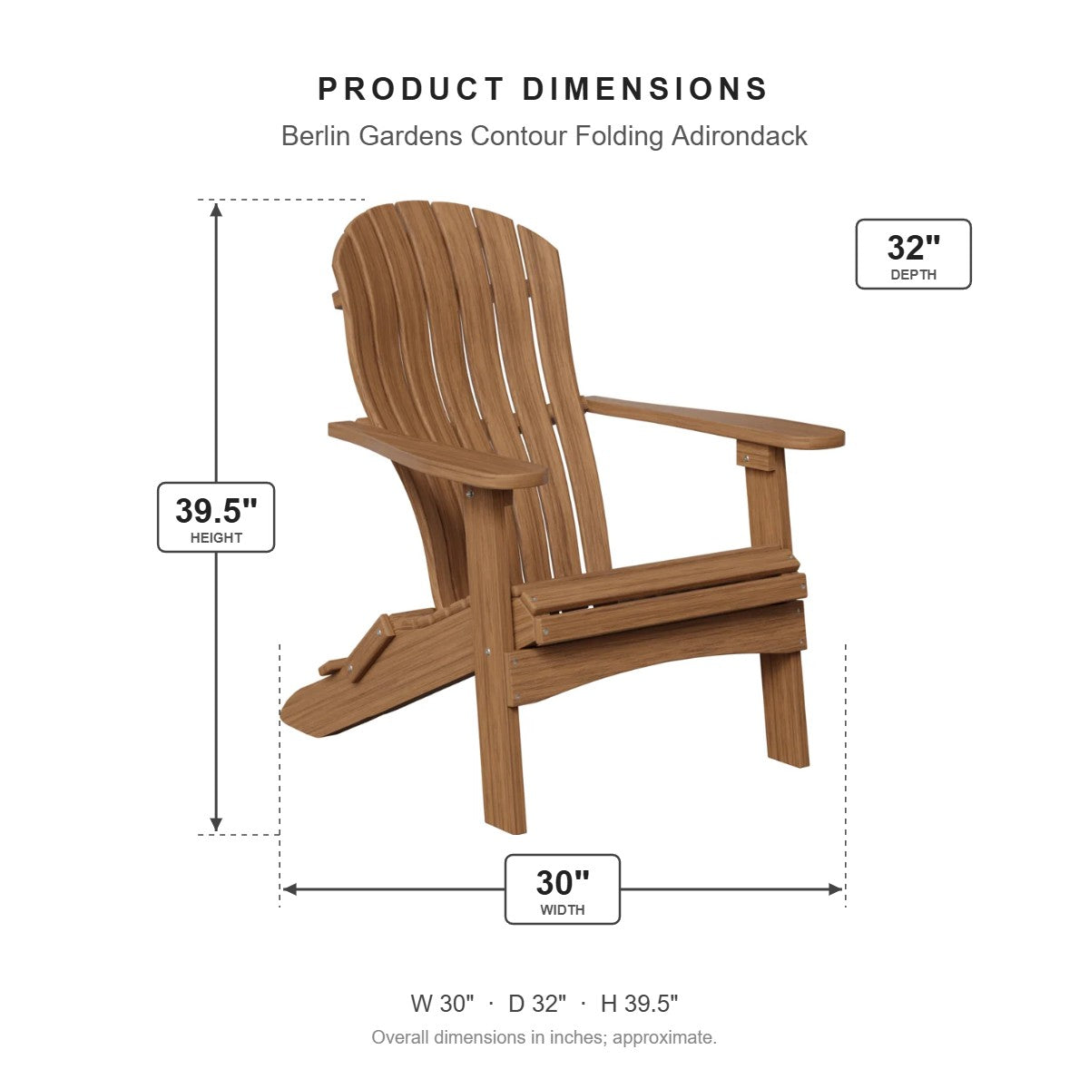 Berlin Gardens Contour Folding Adirondack dimensions: 30 in W x 32 in D x 39.5 in H