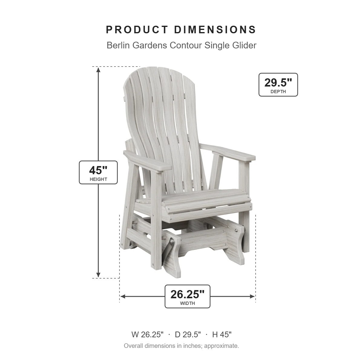 Berlin Gardens Contour Single Glider dimensions: 26.25 in W x 29.5 in D x 45 in H