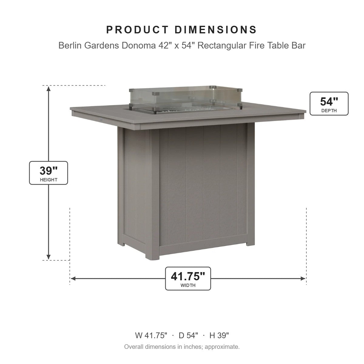 Berlin Gardens Donoma 42" x 54" Rectangular Fire Table Bar dimensions: 41.625 in W x 53.875 in D x 38.875 in H