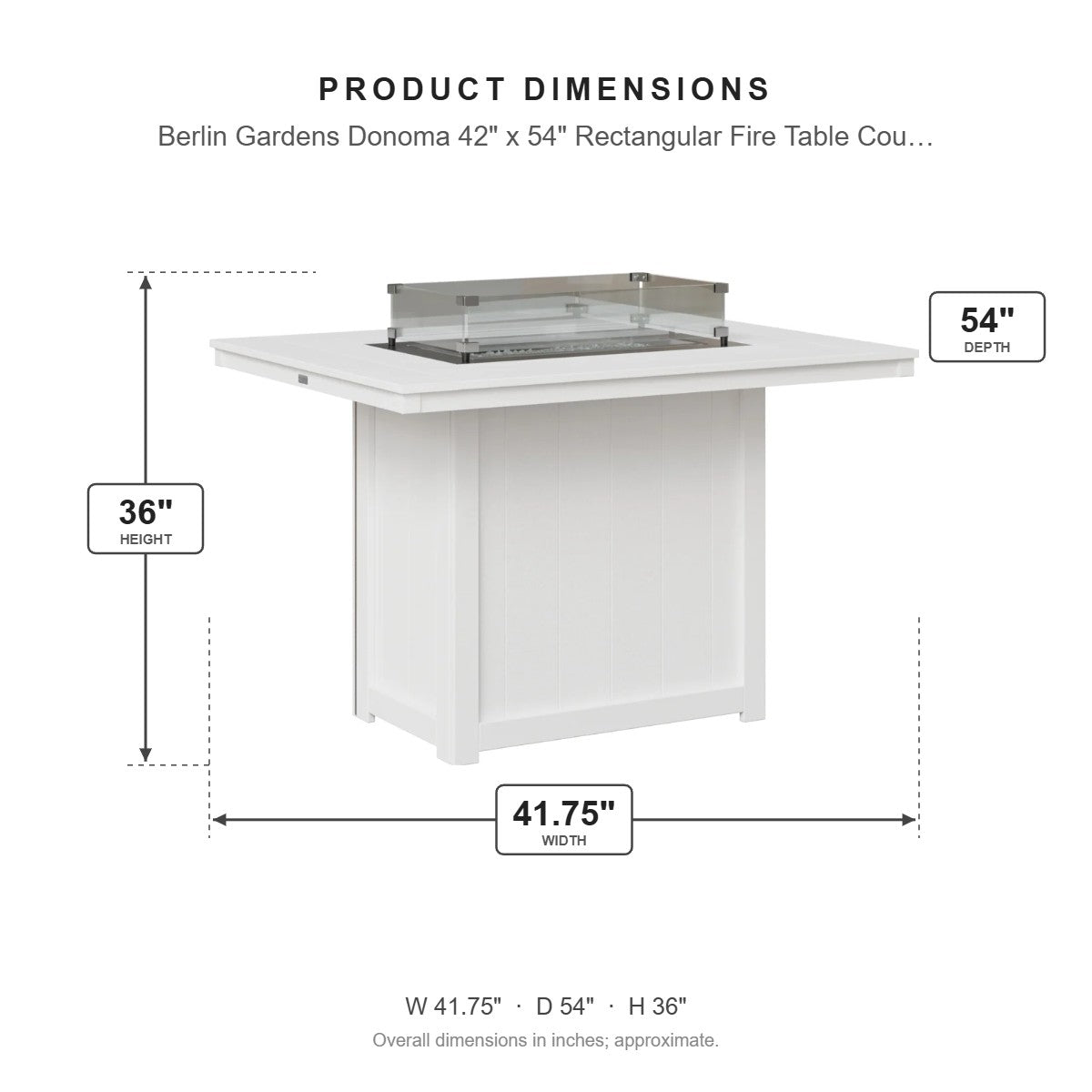 Berlin Gardens Donoma 42" x 54" Rectangular Fire Table Counter dimensions: 41.625 in W x 53.875 in D x 36 in H