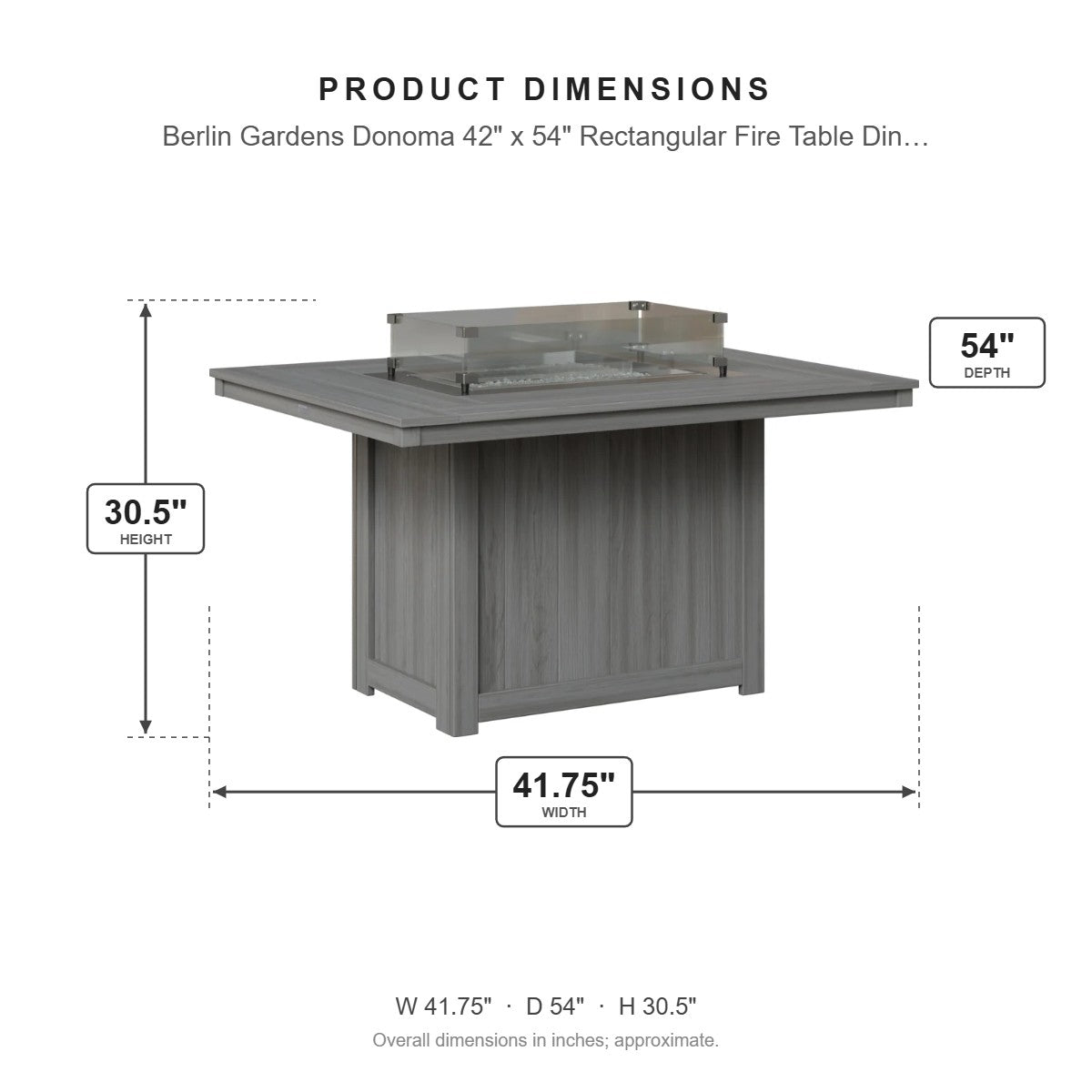 Berlin Gardens Donoma 42" x 54" Rectangular Fire Table Dining dimensions: 41.625 in W x 53.875 in D x 30.375 in H