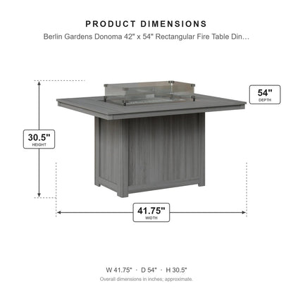Berlin Gardens Donoma 42" x 54" Rectangular Fire Table Dining dimensions: 41.625 in W x 53.875 in D x 30.375 in H