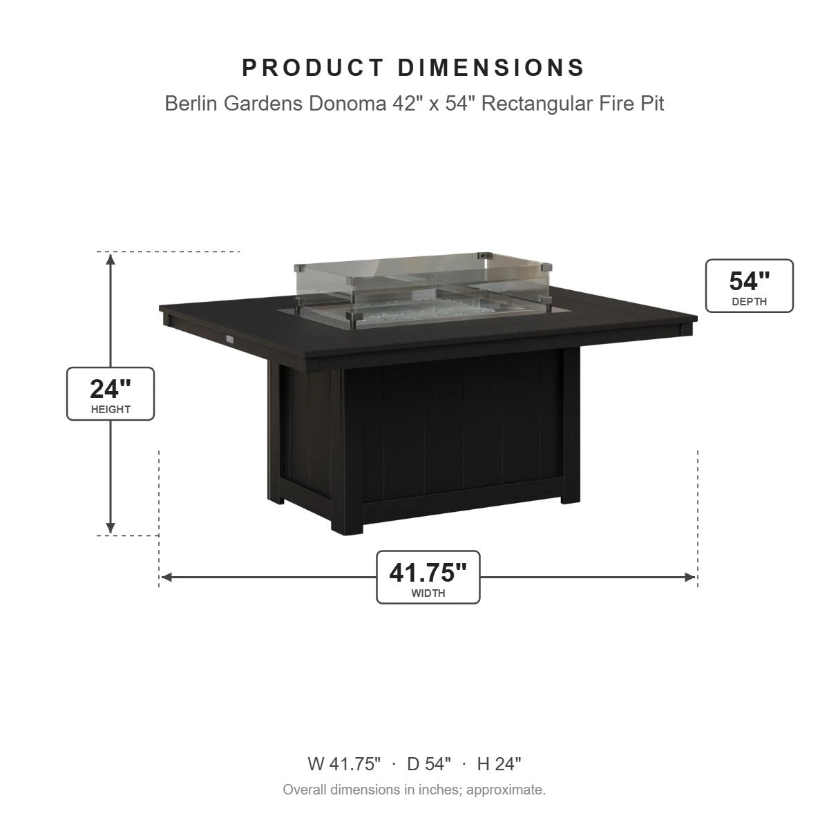 Berlin Gardens Donoma 42" x 54" Rectangular Fire Pit dimensions: 41.625 in W x 53.875 in D x 24 in H