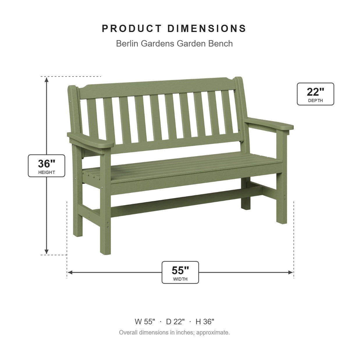Berlin Gardens Garden Bench dimensions: 55 in W x 22 in D x 36 in H
