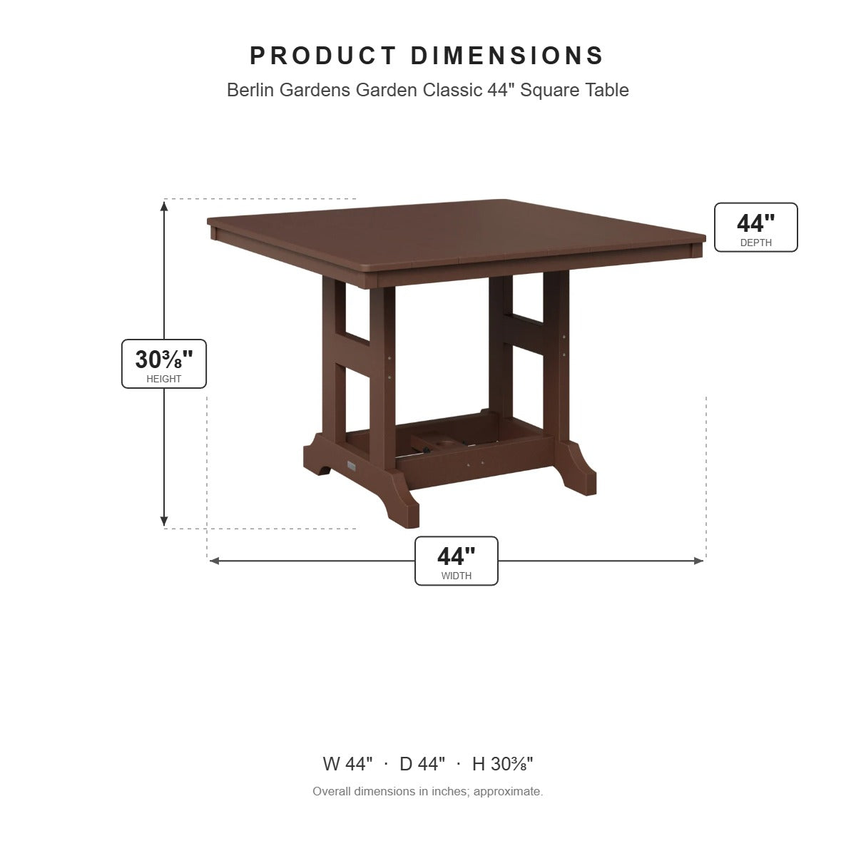 Berlin Gardens Garden Classic 44" Square Table dimensions