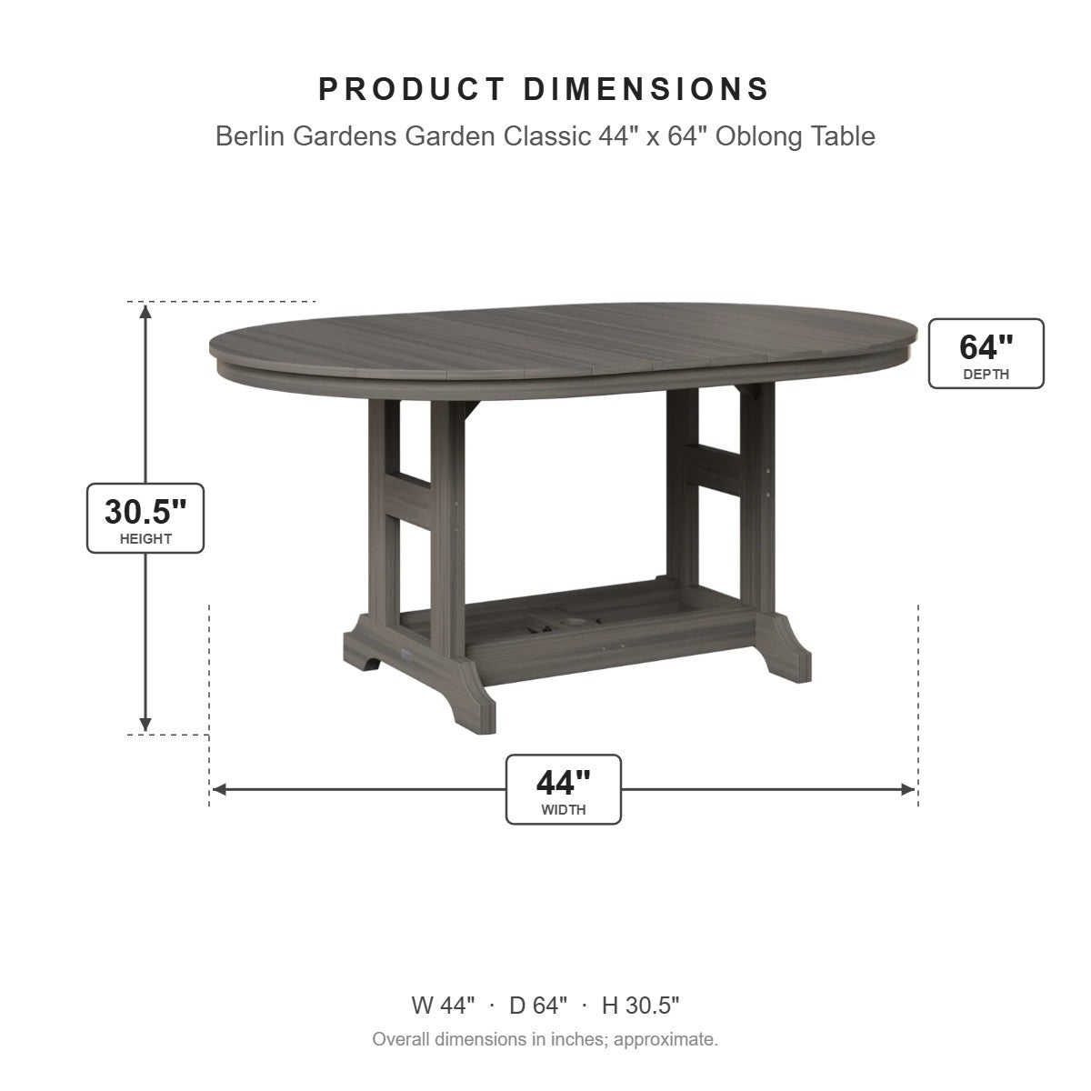Berlin Gardens Garden Classic 44" x 64" Oblong Table dimensions: 44 in W x 64 in D x 30.375 in H