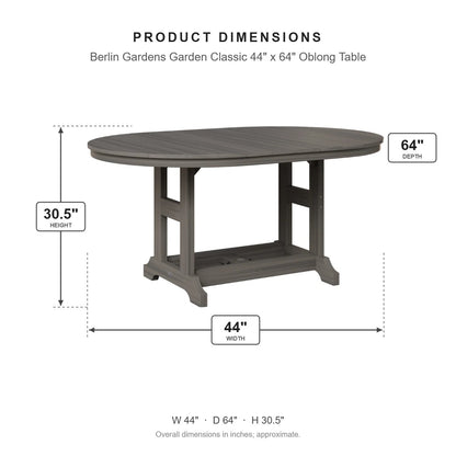 Berlin Gardens Garden Classic 44" x 64" Oblong Table dimensions: 44 in W x 64 in D x 30.375 in H