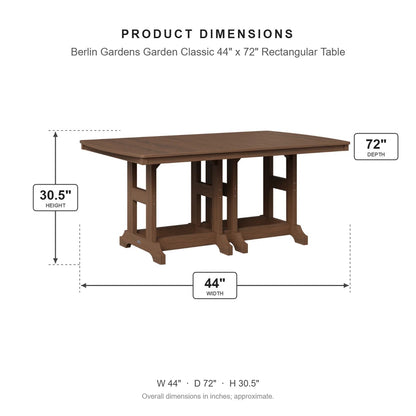 Berlin Gardens Garden Classic 44" x 72" Rectangular Table dimensions: 44 in W x 72 in D x 30.375 in H