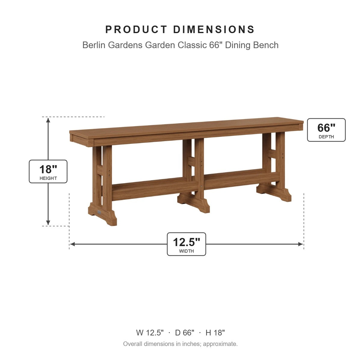 Berlin Gardens Garden Classic 66" Dining Bench dimensions: 12.5 in W x 66 in D x 18 in H