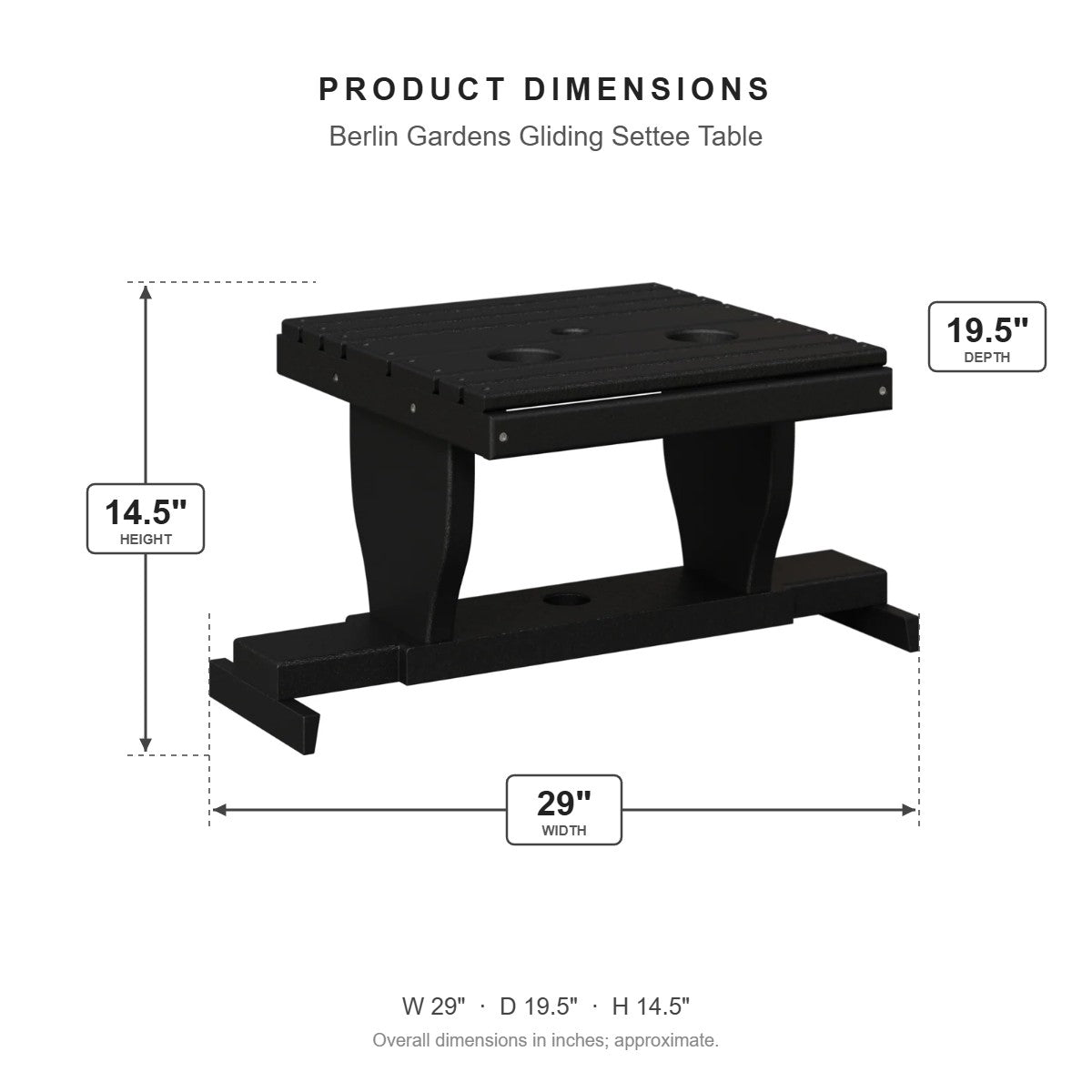 Berlin Gardens Gliding Settee Table dimensions: 29 in W x 19.5 in D x 14.5 in H