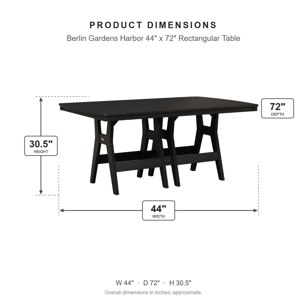 Berlin Gardens Harbor 44" x 72" Rectangular Table dimensions: 44 in W x 72 in D x 30.375 in H