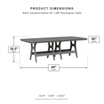 Berlin Gardens Harbor 44" x 96" Rectangular Table dimensions: 44 in W x 96 in D x 30.375 in H