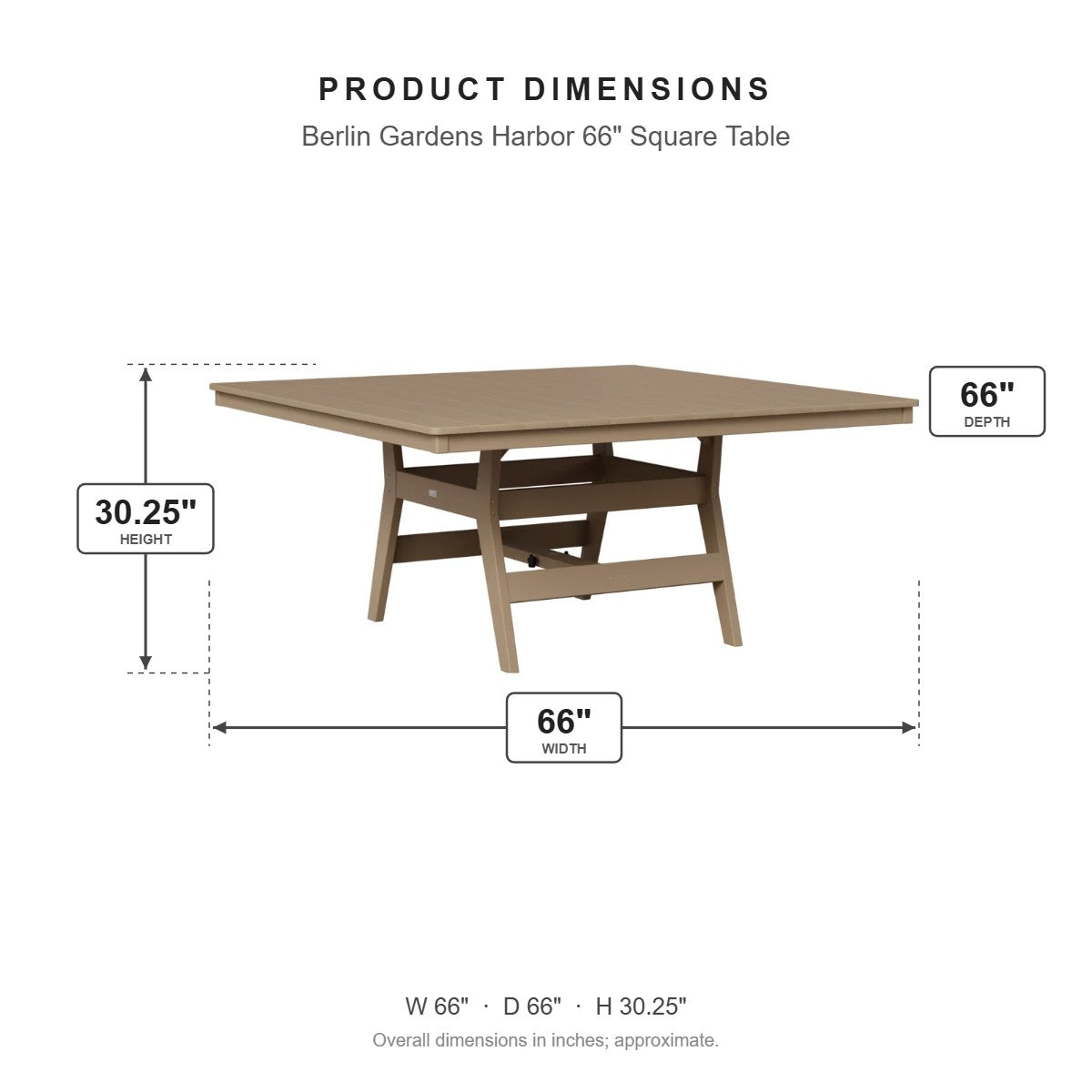 Berlin Gardens Harbor 66" Square Table dimensions: 66 in W x 66 in D x 30.25 in H